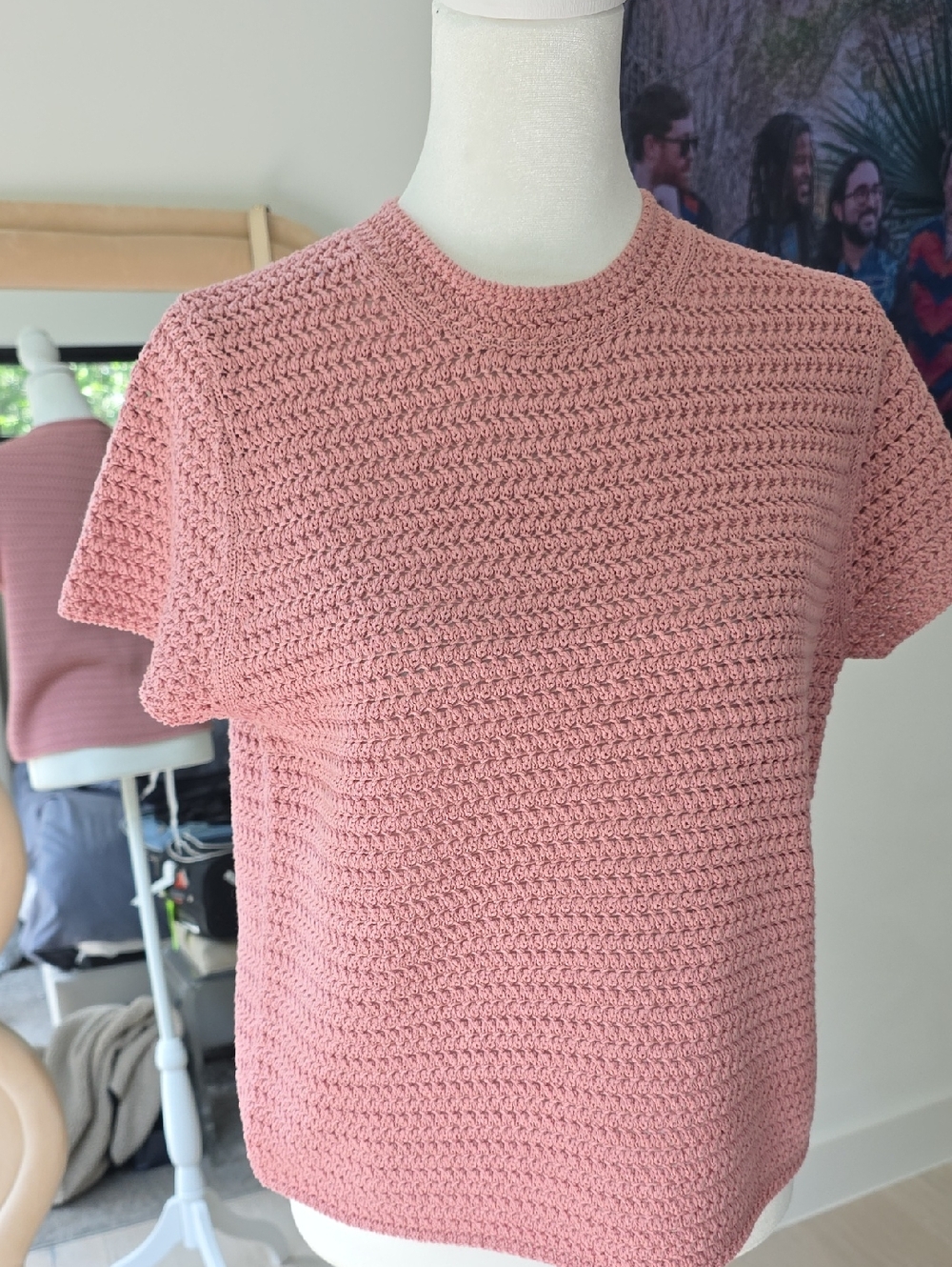 Vince Dusty Pink Crochet Short-Sleeve Knit Top